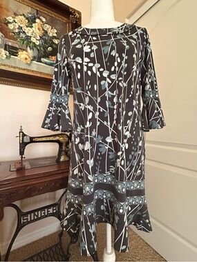 BCBG MaxAzria Charcoal Gray Floral Print A-Line Dress with Blue Accents